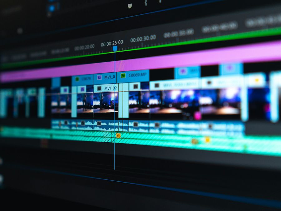 An edit timeline with several video and audio tracks